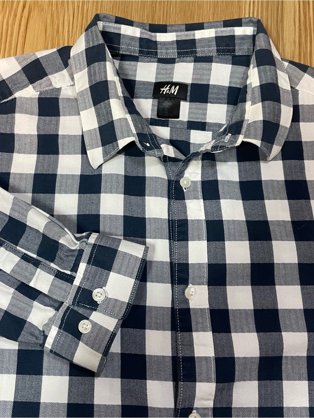 H&M Mens Gingham Button Down Shirt Extra Large Navy Blue White Long Sleeve XL